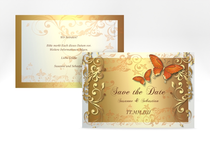 Save the Date-Karte Hochzeit Toulouse A6 Karte quer orange hochglanz romantisch mit Schmetterlingen
