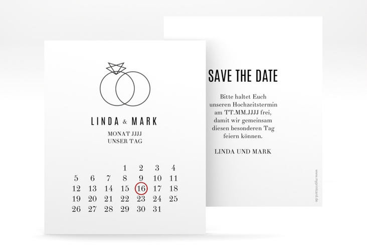 Save the Date-Kalenderblatt Rings Kalenderblatt-Karte weiss hochglanz