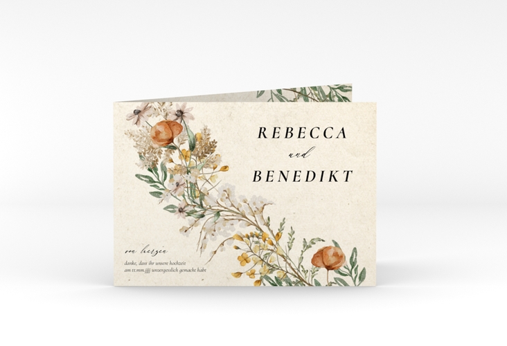 Dankeskarte Hochzeit Wildfang A6 Klappkarte quer beige mit getrockneten Wiesenblumen