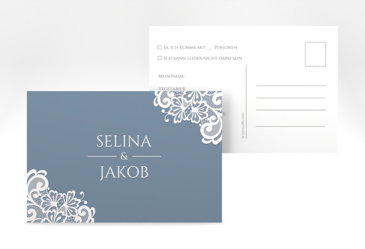 Antwortkarte Hochzeit Vintage A6 Postkarte blau mit floraler Spitze