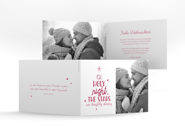 Weihnachtskarte Winterhimmel A6 Klappkarte quer rot hochglanz mit Handlettering-Text und Foto