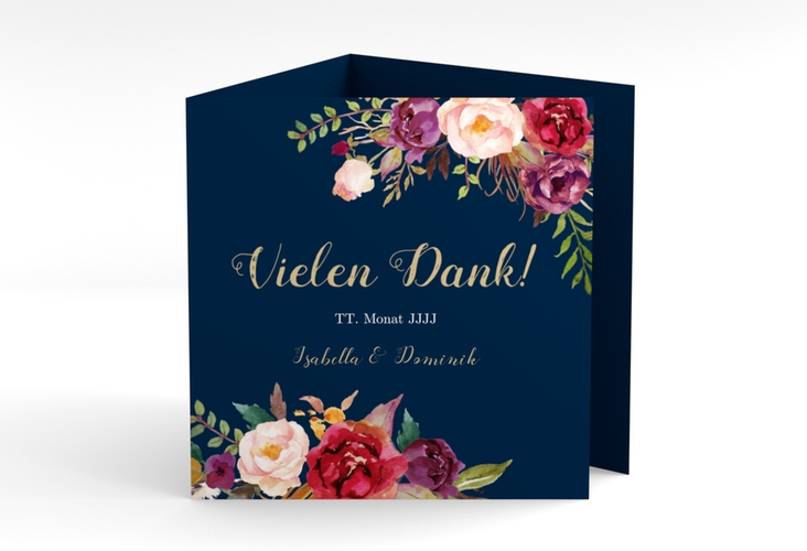 Dankeskarte Hochzeit Flowers quadr. Doppel-Klappkarte blau hochglanz mit bunten Aquarell-Blumen