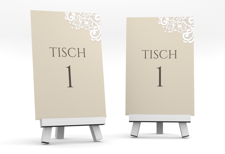 Tischnummer Hochzeit Vintage Tischaufsteller beige mit floraler Spitze