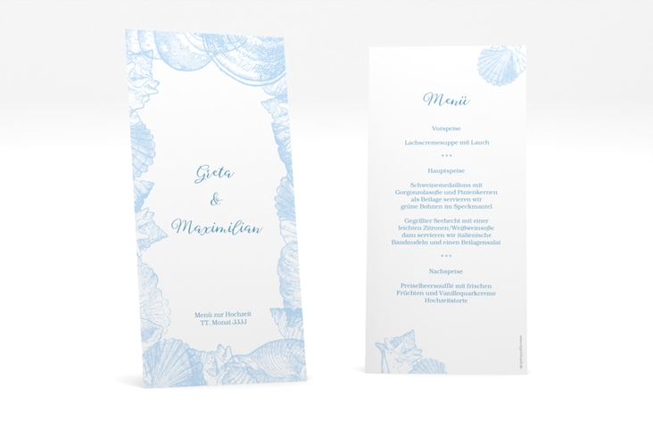 Menükarte Hochzeit Muschelreich lange Karte hoch blau hochglanz