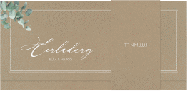 Klick: Details zu Hochzeitseinladung "Eucalypt" anzeigen Hochzeitseinladung Eucalypt Wickelfalzkarte + Banderole Kraftpapier mit Eukalyptus und edlem Rahmen