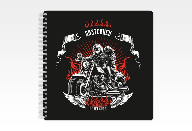 Gästebuch Hochzeit Biker Ringbindung mit Rocker-Paar auf Motorrad