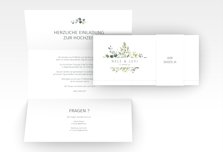 Hochzeitseinladung Enchanting Wickelfalzkarte + Banderole weiss
