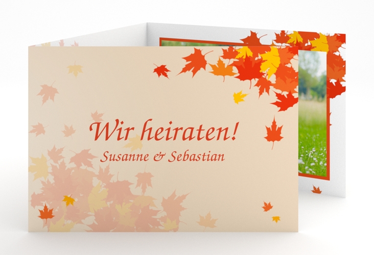 Hochzeitseinladung Zwiesel A6 Doppel-Klappkarte hochglanz mit bunten Blättern für Herbsthochzeit