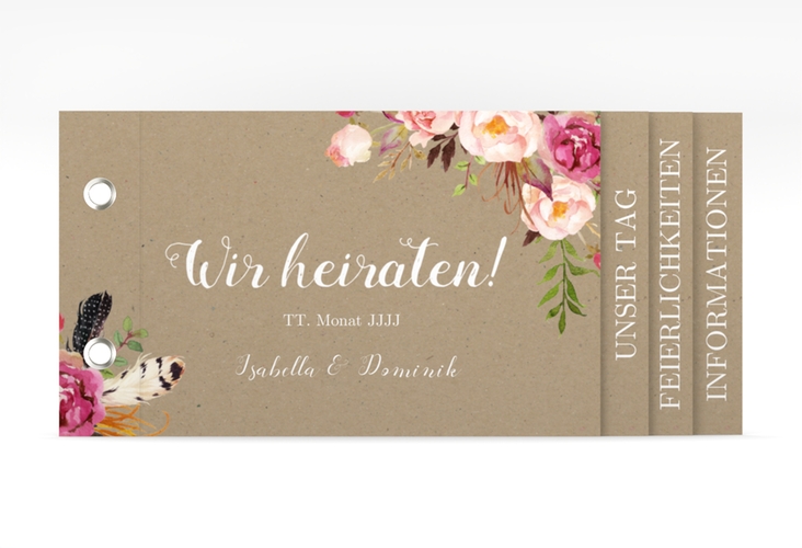 Hochzeitseinladung Flowers Booklet Kraftpapier hochglanz mit bunten Aquarell-Blumen