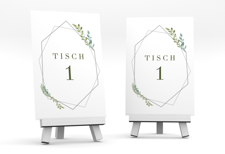 Tischnummer Hochzeit Herbarium Tischaufsteller grau mit geometrischem Rahmen und Blätter-Dekor