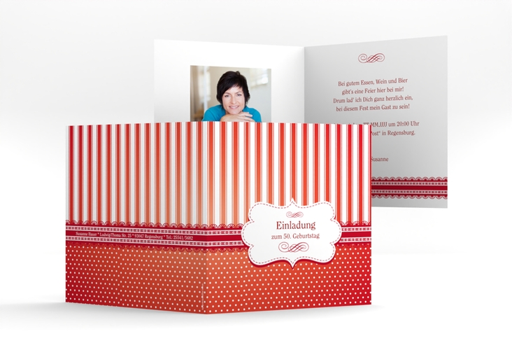 Einladung 50. Geburtstag Heinrich/Henriette quadr. Klappkarte rot mit frechen Polka Dots