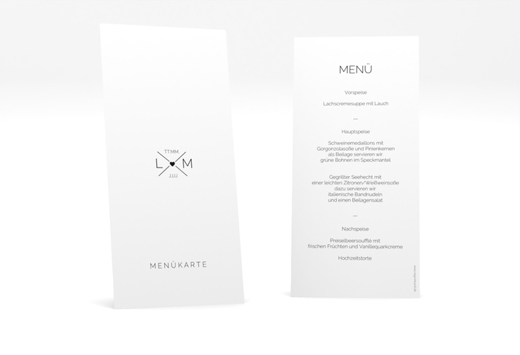 Menükarte Hochzeit Initials lange Karte hoch schwarz hochglanz mit Initialen im minimalistischen Design