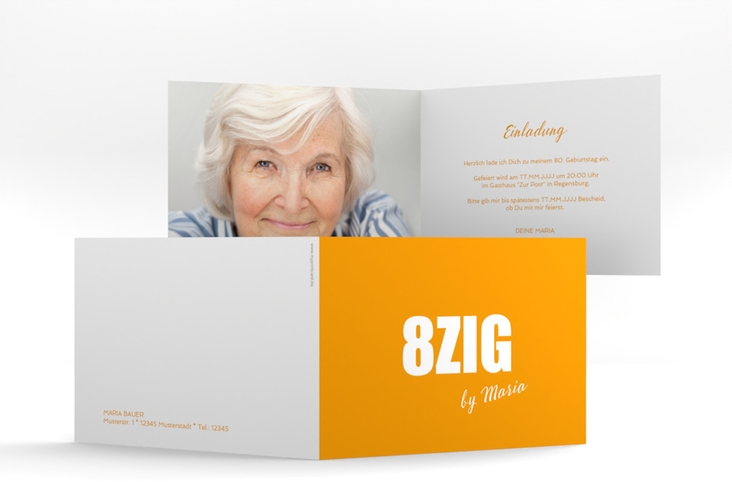 Einladung 80. Geburtstag Zig A6 Klappkarte quer orange