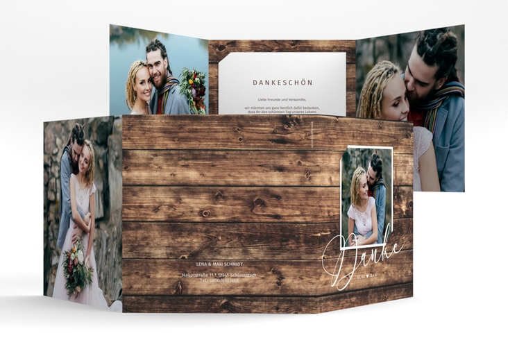 Dankeskarte Hochzeit Rustic quadr. Doppel-Klappkarte braun in Holz-Optik mit Foto