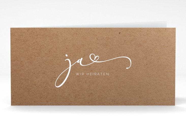 Hochzeitseinladung Jawort lange Klappkarte quer Kraftpapier hochglanz modern minimalistisch mit veredelter Aufschrift