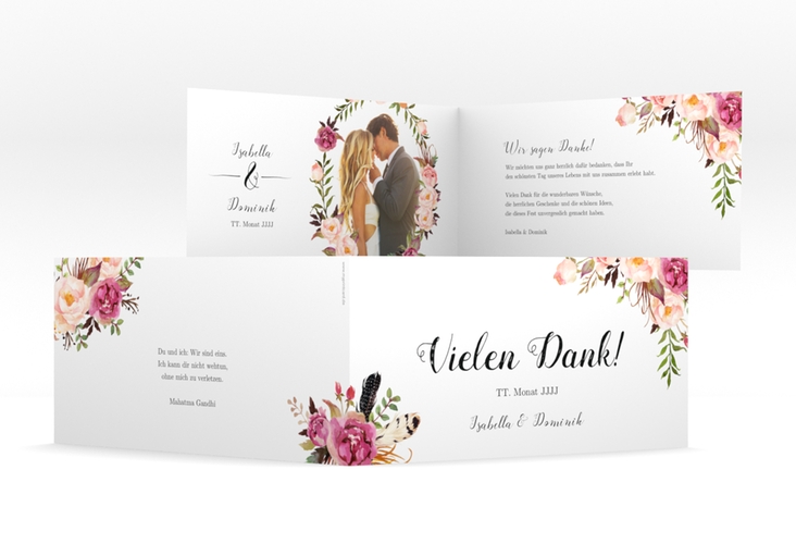 Danksagungskarte Hochzeit Flowers lange Klappkarte quer weiss mit bunten Aquarell-Blumen