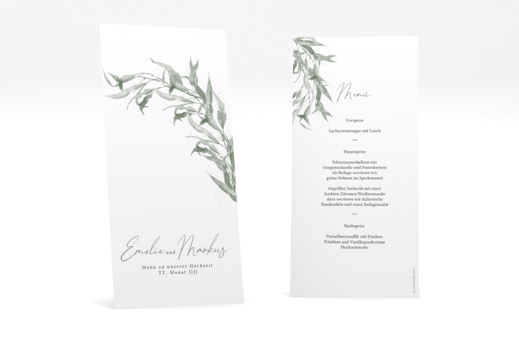 Menükarte Hochzeit Eucalyptus Green lange Karte hoch weiss hochglanz