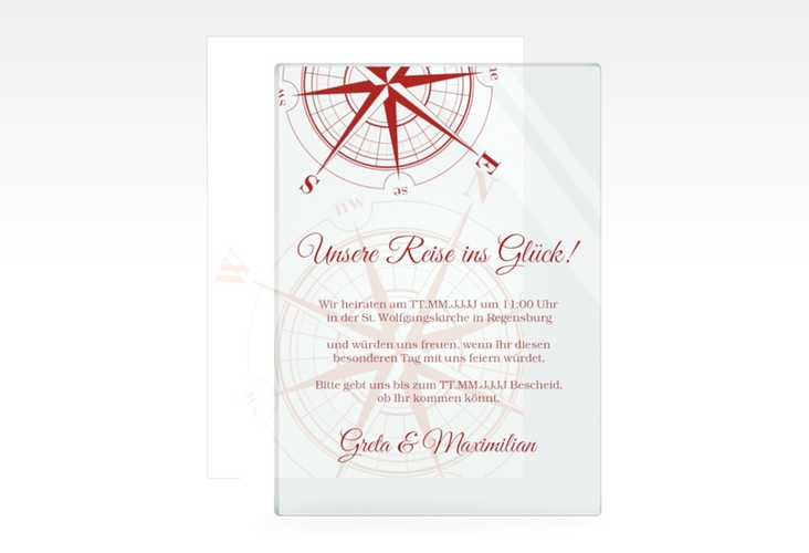 Acryl-Hochzeitseinladung Windrose Acrylkarte + Deckblatt hoch rot hochglanz