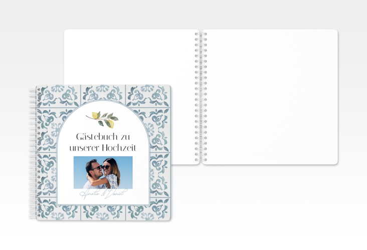 Gästebuch Hochzeit Azulejo Ringbindung mit mediterranem Azulejo-Muster und Zitronen