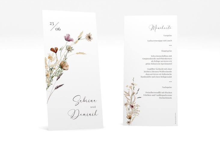Menükarte Hochzeit Sauvages lange Karte hoch mit getrockneten Wiesenblumen