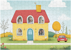 Fotopuzzle 200 Teile Fotohaus 200 Teile bunt mit Haus und fünf Familienfotos in den Fenstern