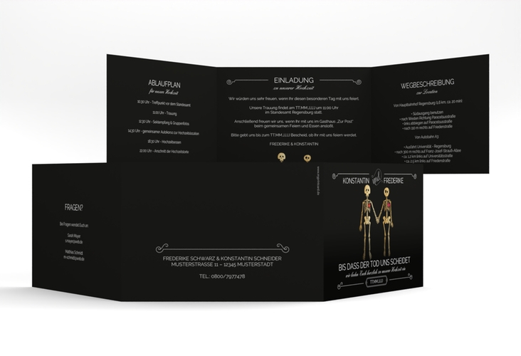Hochzeitseinladung Bones A6 Doppel-Klappkarte schwarz hochglanz