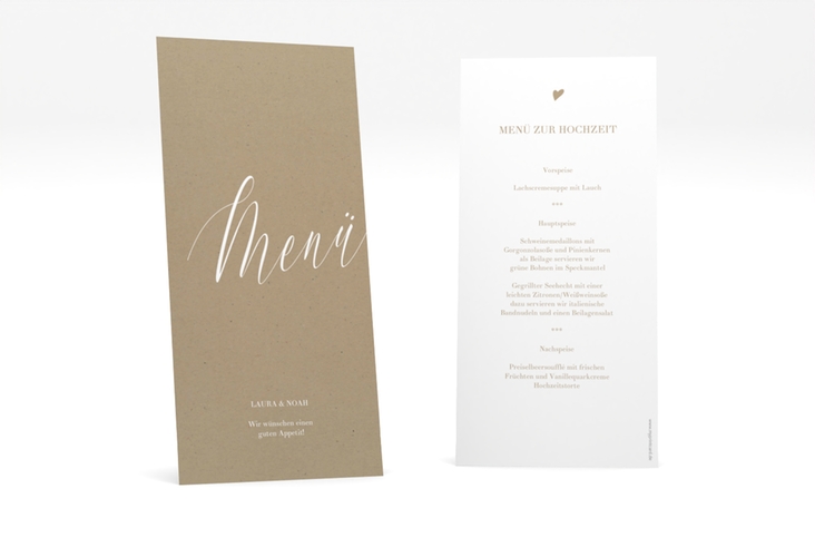 Menükarte Hochzeit Kalligrafie lange Karte hoch Kraftpapier