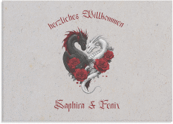 Willkommensschild Leinwand Drachenliebe 70 x 50 cm Leinwand grau mit schwarzem und weißem Drachen zu einem Herz verschlungen