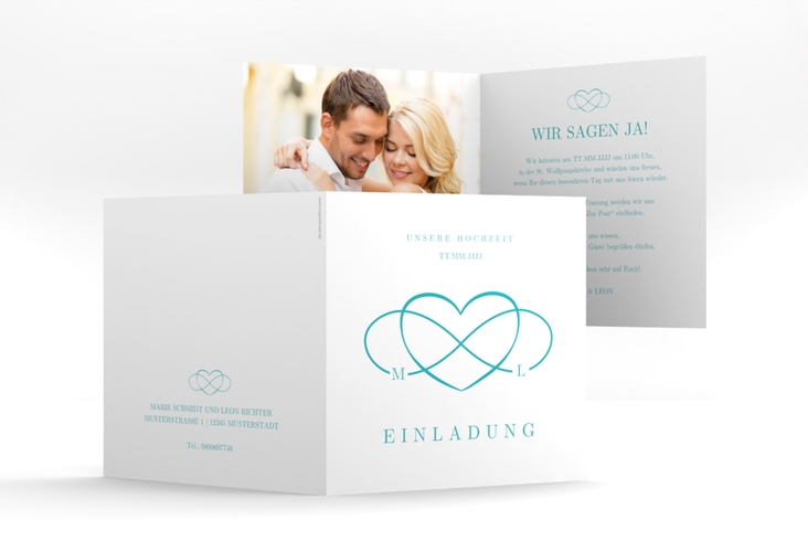 Hochzeitseinladung Infinity quadr. Klappkarte tuerkis hochglanz