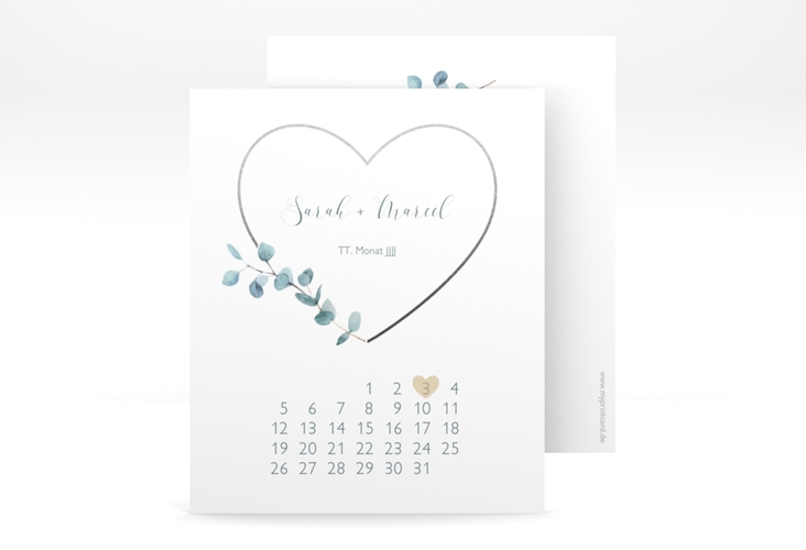 Save the Date-Kalenderblatt Greenheart Kalenderblatt-Karte grau hochglanz mit elegantem Herz und Eukalyptus-Zweig