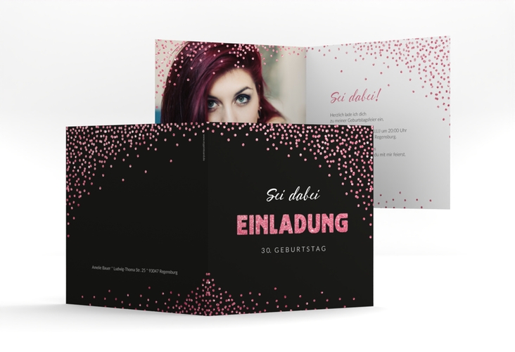 Einladung Geburtstag Glitzer quadr. Klappkarte pink
