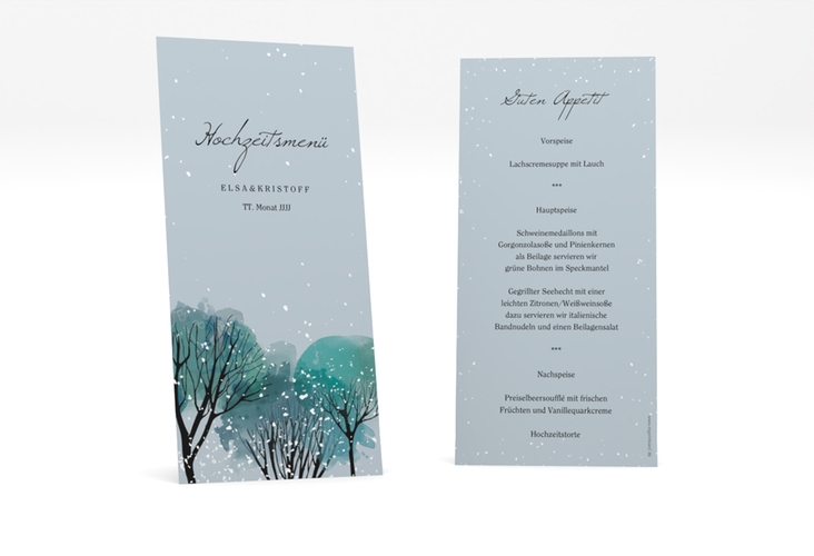 Menükarte Hochzeit Winterhochzeit lange Karte hoch blau
