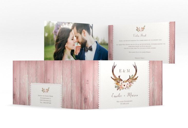 Danksagung Hochzeit Heimatjuwel lange Klappkarte quer rosa hochglanz mit Hirschgeweih und Holz-Hintergrund