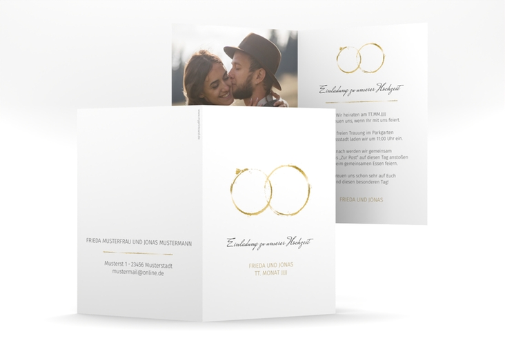 Einladungskarte Hochzeit Trauringe A6 Klappkarte hoch gold hochglanz minimalistisch gestaltet mit zwei Eheringen