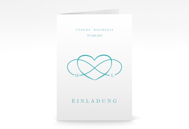 Einladungskarte Hochzeit Infinity A6 Klappkarte hoch tuerkis hochglanz