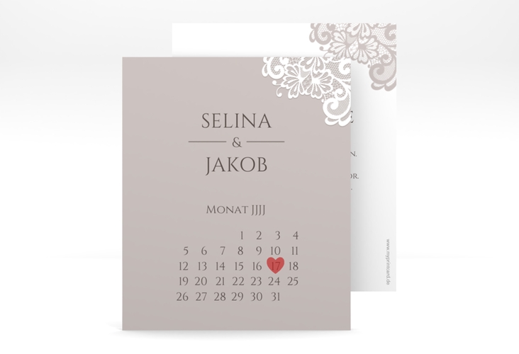 Save the Date-Kalenderblatt Vintage Kalenderblatt-Karte grau mit floraler Spitze