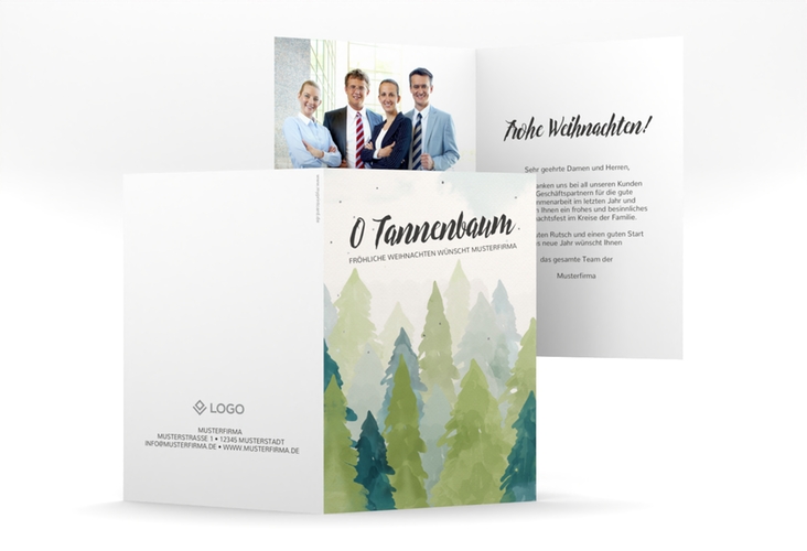 Geschäftliche Weihnachtskarte Weihnachtswald A6 Klappkarte hoch hochglanz mit Tannenbäumen