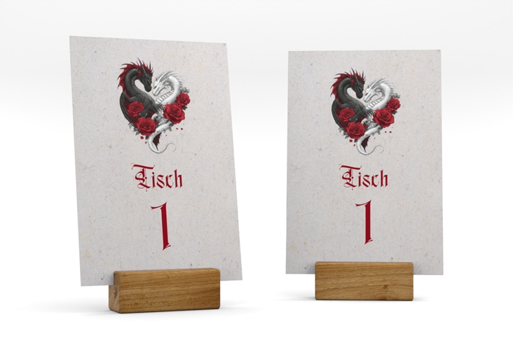 Tischnummer Hochzeit Drachenliebe Tischaufsteller grau hochglanz mit schwarzem und weißem Drachen zu einem Herz verschlungen