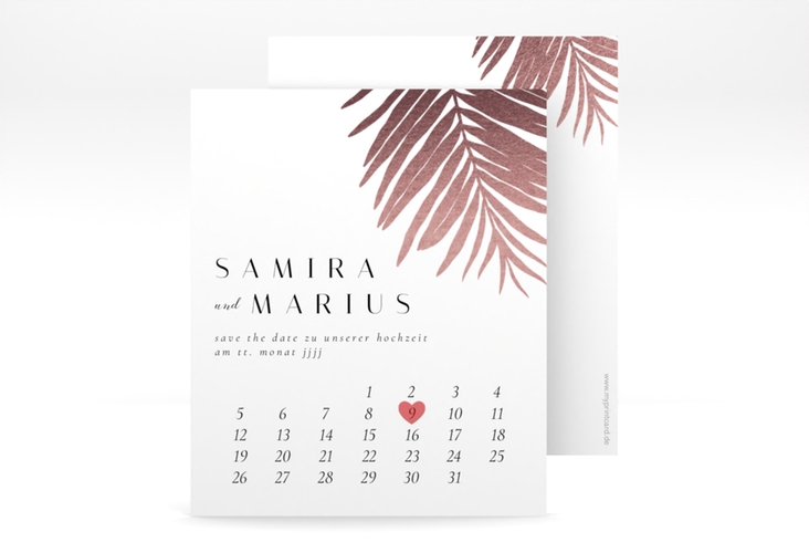 Save the Date-Kalenderblatt Palmenblatt Kalenderblatt-Karte rosa hochglanz mit Palmenwedel