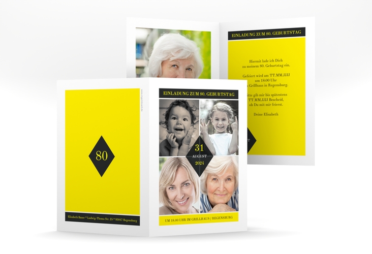 Einladung 80. Geburtstag Rhombus A6 Klappkarte hoch gelb modern mit vier Fotos