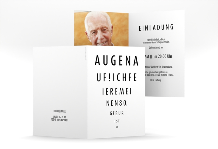 Einladung 80. Geburtstag Sehtest A6 Klappkarte hoch