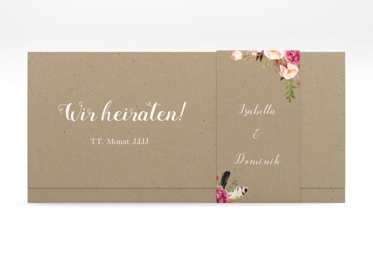 Hochzeitseinladung Flowers Wickelfalzkarte + Banderole Kraftpapier hochglanz mit bunten Aquarell-Blumen