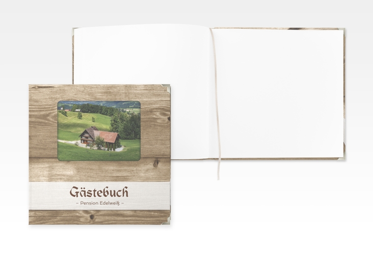 Gästebuch Selection Ferienwohnung Holzhaus Leinen-Hardcover in Holz-Optik mit Foto