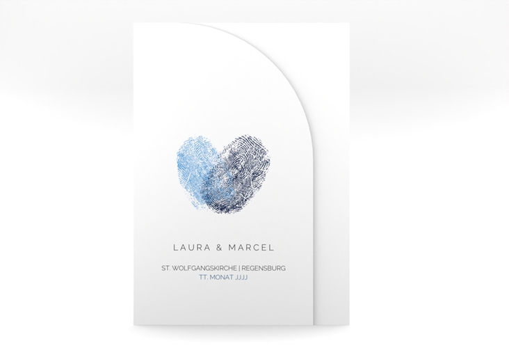 Hochzeitseinladung Fingerprint mittlere Bogen-Wickelfalzkarte blau schlicht mit Fingerabdruck-Motiv