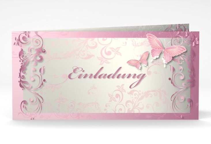 Hochzeitseinladung Toulouse lange Klappkarte quer rosa