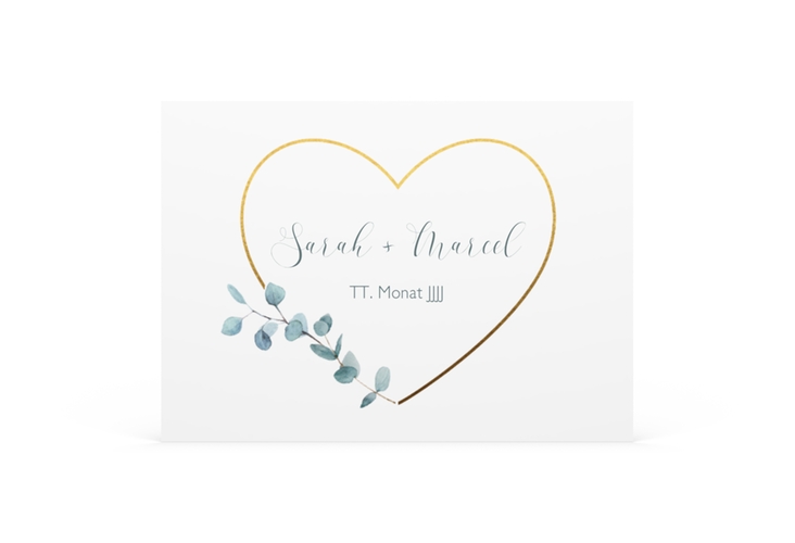 Save the Date-Visitenkarte Greenheart Visitenkarte quer gold hochglanz mit elegantem Herz und Eukalyptus-Zweig