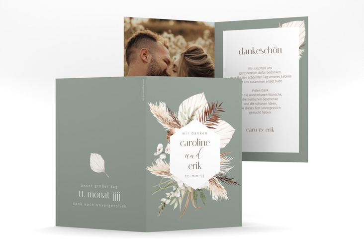 Danksagungskarte Hochzeit Bohemian A6 Klappkarte hoch gruen mit Gräsern und Trockenblumen für Boho-Hochzeit