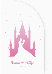 Klick: Details zu Hochzeitseinladung "Castle" anzeigen Hochzeitseinladung Castle mittlere Bogen-Wickelfalzkarte rosa