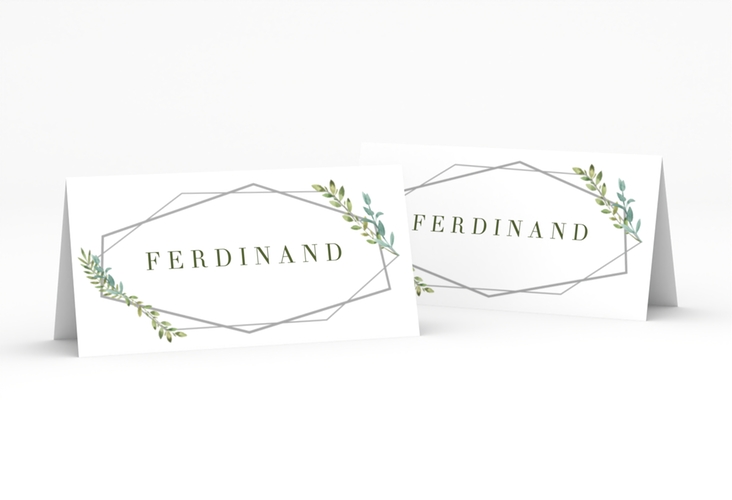Tischkarte Hochzeit Herbarium Tischkarten grau hochglanz mit geometrischem Rahmen und Blätter-Dekor