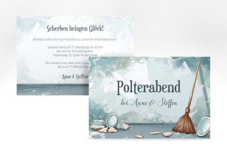 Party Einladungskarte Poltern A6 Karte quer tuerkis zum Polterabend mit Besen und zerbrochenem Porzellan